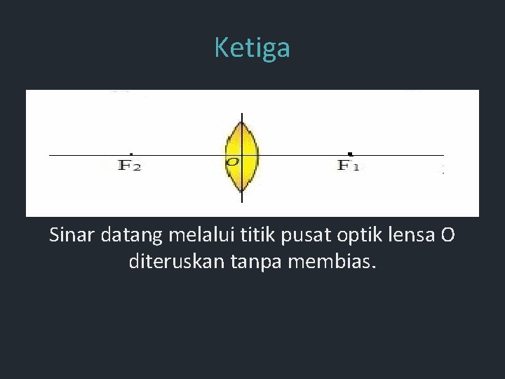 Ketiga Sinar datang melalui titik pusat optik lensa O diteruskan tanpa membias. Ketiga Sinar datang melalui titik pusat optik lensa O diteruskan tanpa membias.