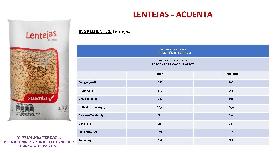 LENTEJAS - ACUENTA INGREDIENTES: Lentejas LENTEJAS – ACUENTA INFORMACIÓN NUTRICIONAL PORCIÓN: 1/3 taza (60 LENTEJAS - ACUENTA INGREDIENTES: Lentejas LENTEJAS – ACUENTA INFORMACIÓN NUTRICIONAL PORCIÓN: 1/3 taza (60