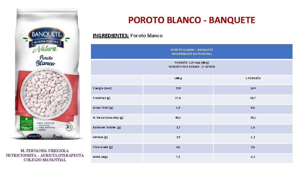 POROTO BLANCO - BANQUETE INGREDIENTES: Poroto blanco POROTO BLANCO – BANQUETE INFORMACIÓN NUTRICIONAL PORCIÓN: POROTO BLANCO - BANQUETE INGREDIENTES: Poroto blanco POROTO BLANCO – BANQUETE INFORMACIÓN NUTRICIONAL PORCIÓN: