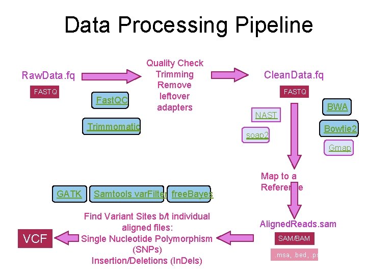 Data Processing Pipeline Raw. Data. fq FASTQ Fast. QC Quality Check Trimming Remove leftover