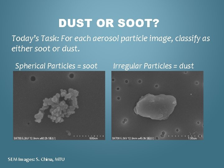 DUST OR SOOT? Today’s Task: For each aerosol particle image, classify as either soot