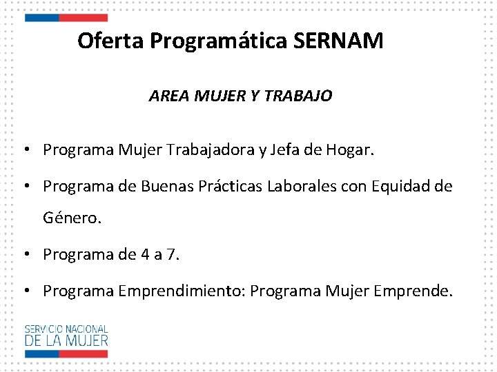 Oferta Programática SERNAM AREA MUJER Y TRABAJO • Programa Mujer Trabajadora y Jefa de