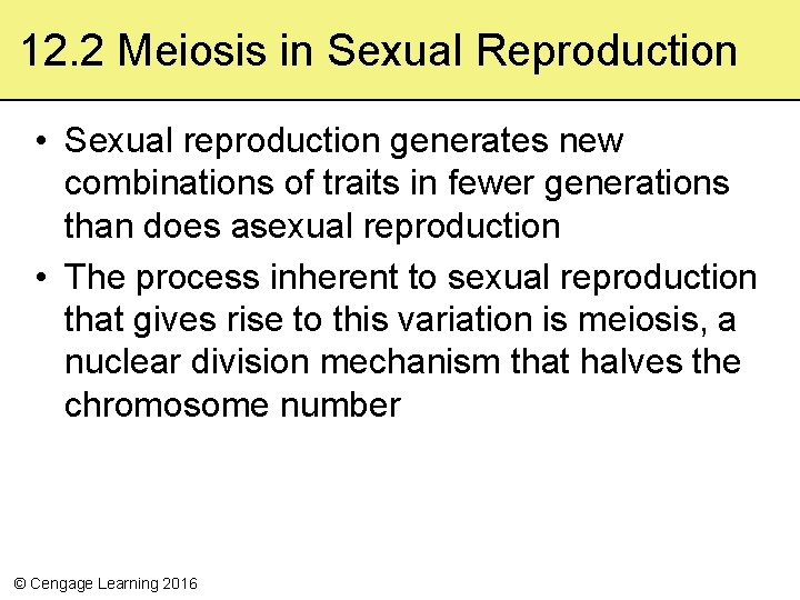 12. 2 Meiosis in Sexual Reproduction • Sexual reproduction generates new combinations of traits