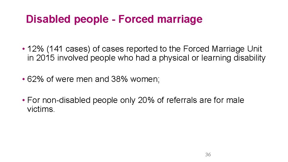 Disabled people - Forced marriage • 12% (141 cases) of cases reported to the