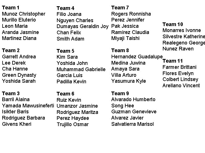 Team 1 Munoz Christopher Murillo Eluterio Leon Maria Aranda Jasmine Martinez Diana Team 4 Team 1 Munoz Christopher Murillo Eluterio Leon Maria Aranda Jasmine Martinez Diana Team 4