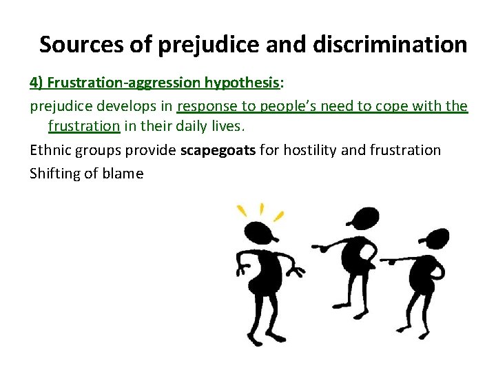 Sources of prejudice and discrimination 4) Frustration-aggression hypothesis: prejudice develops in response to people’s