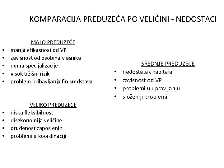 KOMPARACIJA PREDUZEĆA PO VELIČINI - NEDOSTACI • • • MALO PREDUZEĆE manja efikasnost od