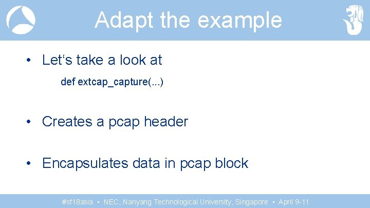 Adapt the example • Let‘s take a look at def extcap_capture(. . . )