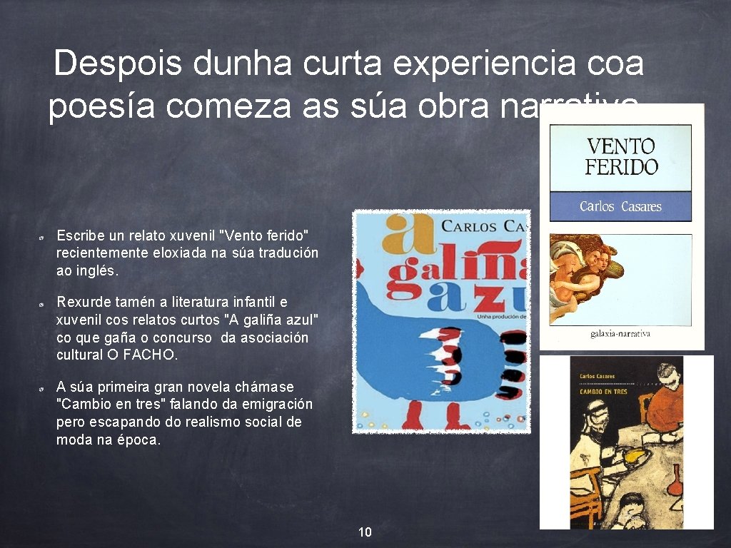 Despois dunha curta experiencia coa poesía comeza as súa obra narrativa. Escribe un relato