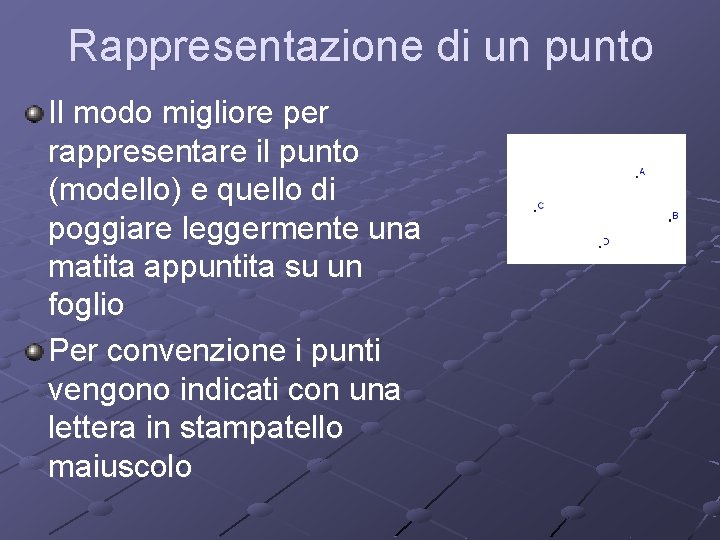 Rappresentazione di un punto Il modo migliore per rappresentare il punto (modello) e quello