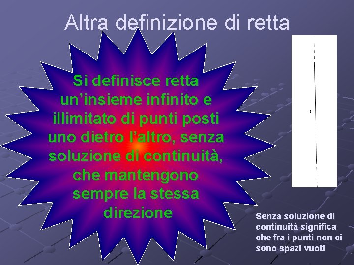 Altra definizione di retta Si definisce retta un’insieme infinito e illimitato di punti posti