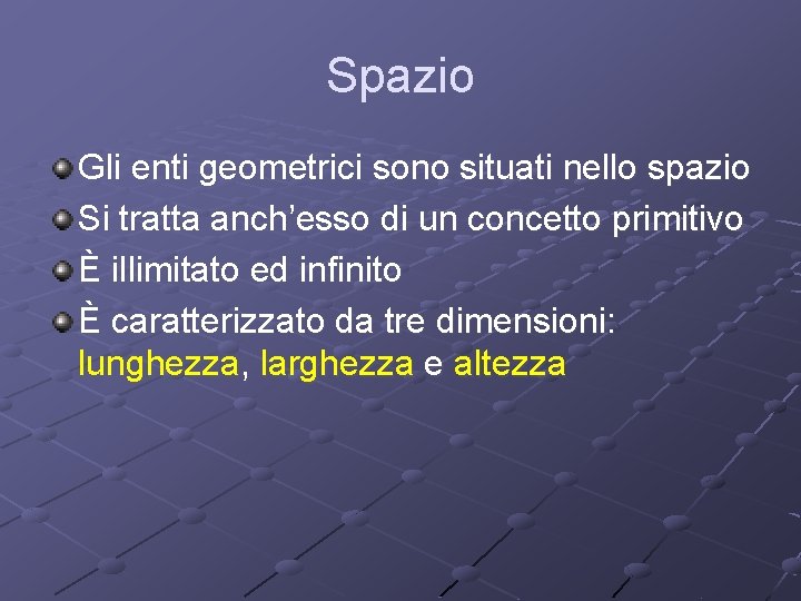 Spazio Gli enti geometrici sono situati nello spazio Si tratta anch’esso di un concetto