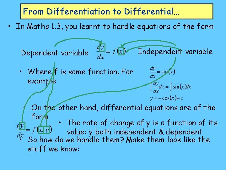 From Differentiation to Differential… • In Maths 1. 3, you learnt to handle equations