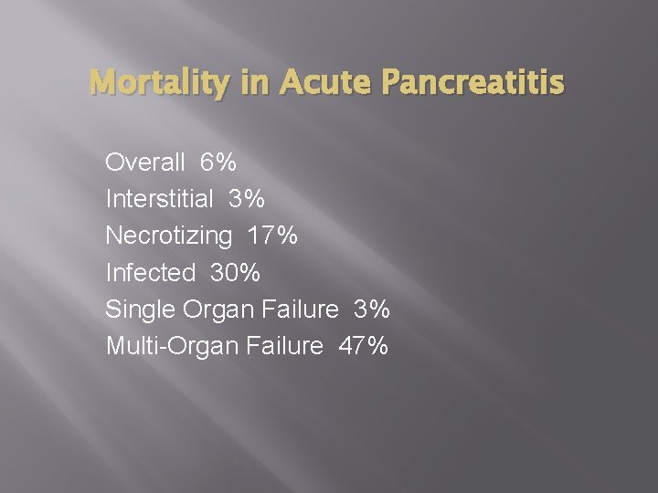 Mortality in Acute Pancreatitis Overall 6% Interstitial 3% Necrotizing 17% Infected 30% Single Organ