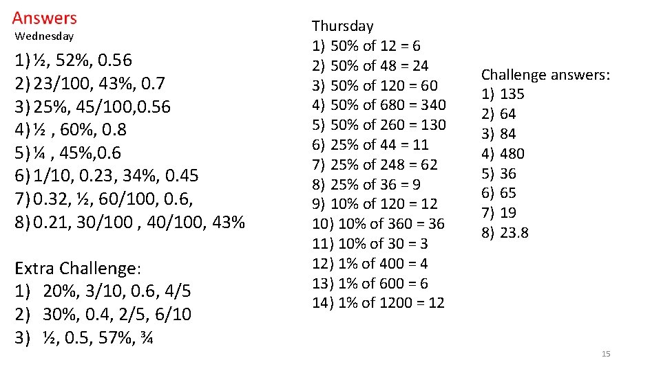 Wednesday 1) ½, 52%, 0. 56 2) 23/100, 43%, 0. 7 3) 25%, 45/100,