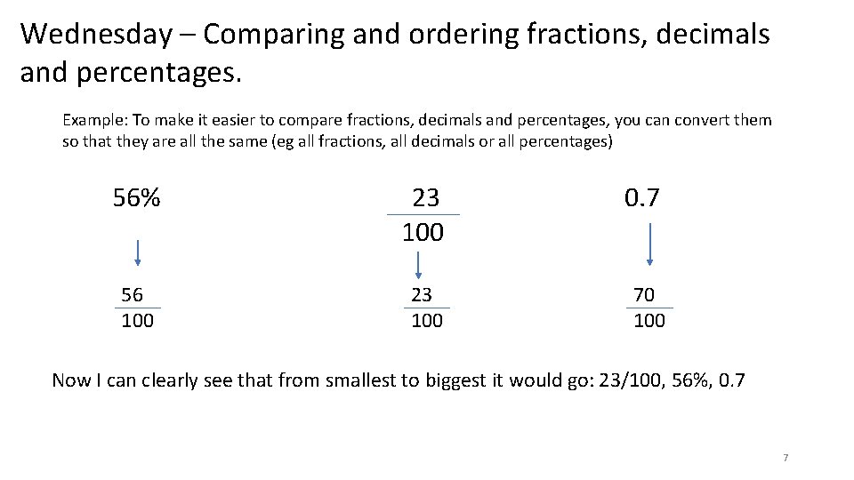 Wednesday – Comparing and ordering fractions, decimals and percentages. Example: To make it easier