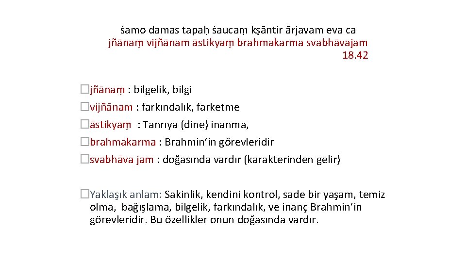 śamo damas tapaḥ śaucaṃ kṣāntir ārjavam eva ca jñānaṃ vijñānam āstikyaṃ brahmakarma svabhāvajam 18.