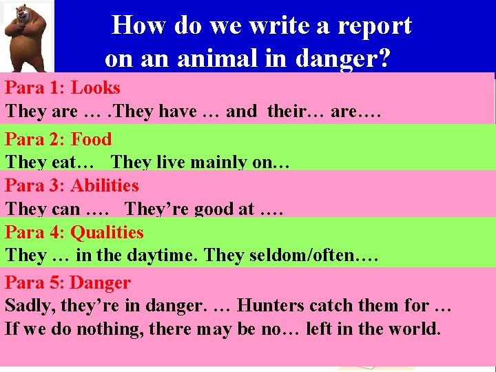 How do we write a report on an animal in danger? Para 1: Looks