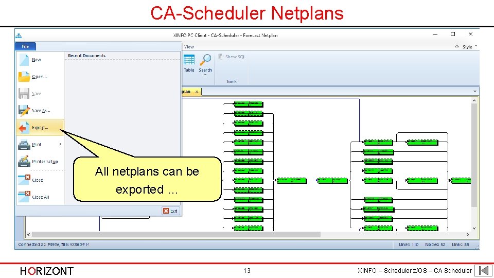 CA-Scheduler Netplans All netplans can be exported … HORIZONT 13 XINFO – Scheduler z/OS