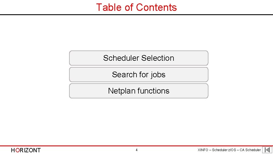 Table of Contents Scheduler Selection Search for jobs Netplan functions HORIZONT 4 XINFO –