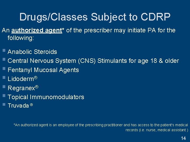 Drugs/Classes Subject to CDRP An authorized agent* of the prescriber may initiate PA for