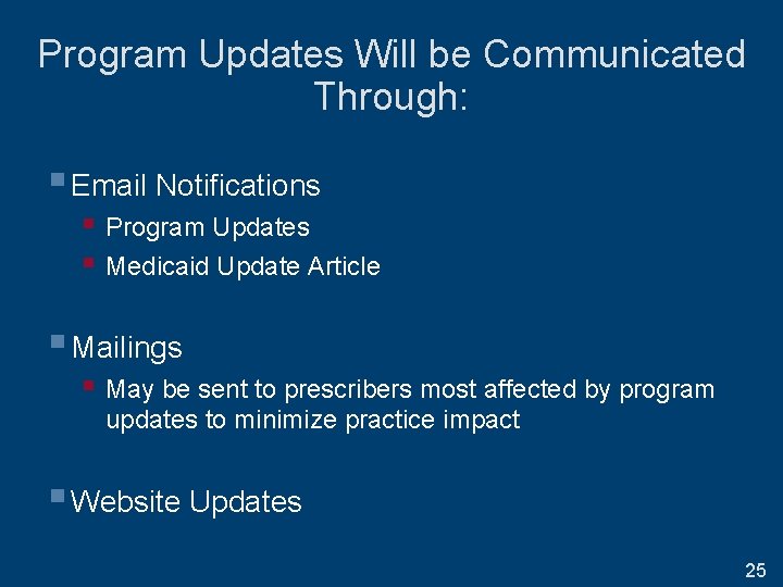 Program Updates Will be Communicated Through: § Email Notifications § Program Updates § Medicaid