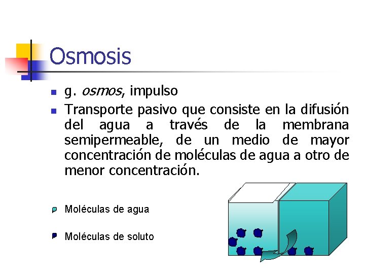 Osmosis n n g. osmos, impulso Transporte pasivo que consiste en la difusión del
