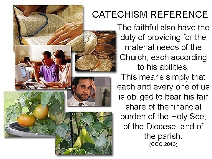 CATECHISM REFERENCE The faithful also have the duty of providing for the material needs