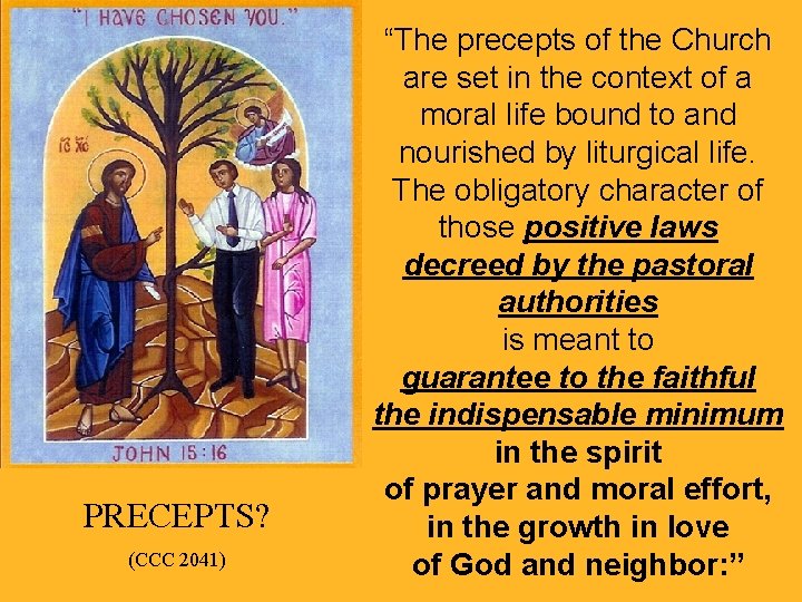 PRECEPTS? (CCC 2041) “The precepts of the Church are set in the context of
