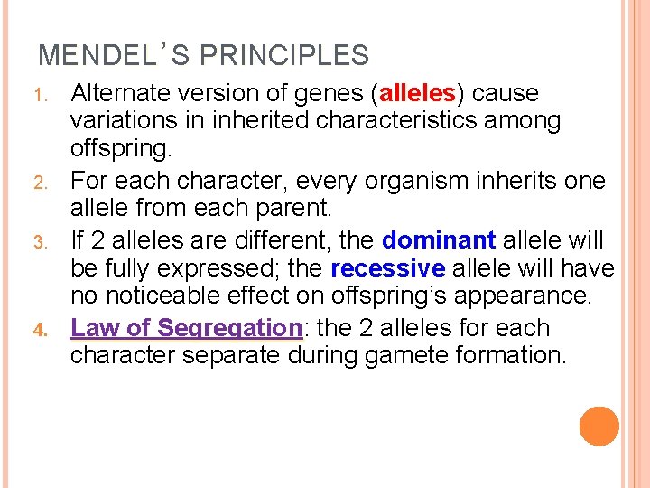 MENDEL’S PRINCIPLES 1. 2. 3. 4. Alternate version of genes (alleles) alleles cause variations