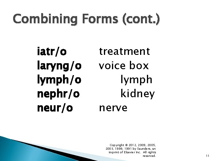 Combining Forms (cont. ) iatr/o laryng/o lymph/o nephr/o neur/o treatment voice box lymph kidney