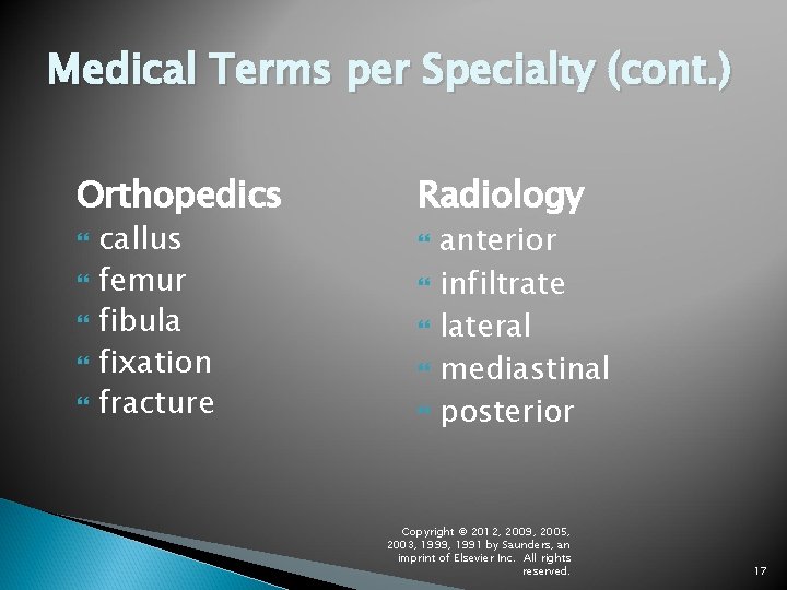 Medical Terms per Specialty (cont. ) Orthopedics Radiology callus femur fibula fixation fracture anterior