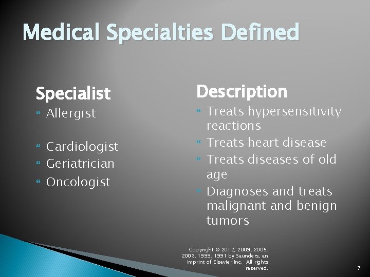 Medical Specialties Defined Specialist Description Allergist Cardiologist Geriatrician Oncologist Treats hypersensitivity reactions Treats heart