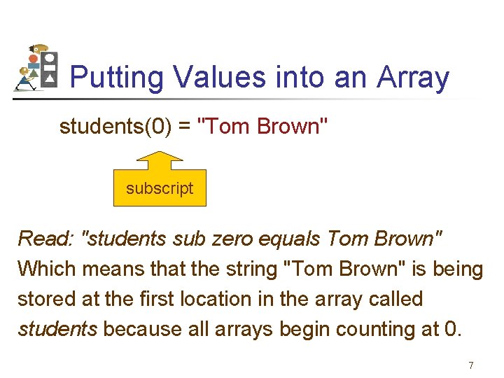 Putting Values into an Array students(0) = "Tom Brown" subscript Read: "students sub zero
