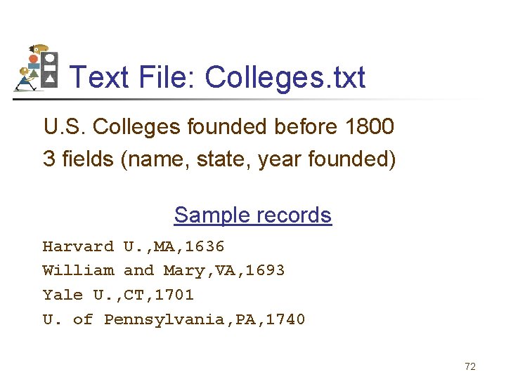 Text File: Colleges. txt U. S. Colleges founded before 1800 3 fields (name, state,