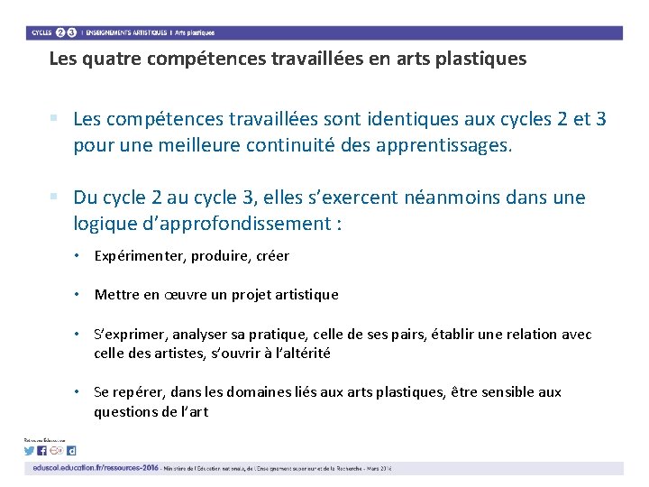 Les quatre compétences travaillées en arts plastiques § Les compétences travaillées sont identiques aux