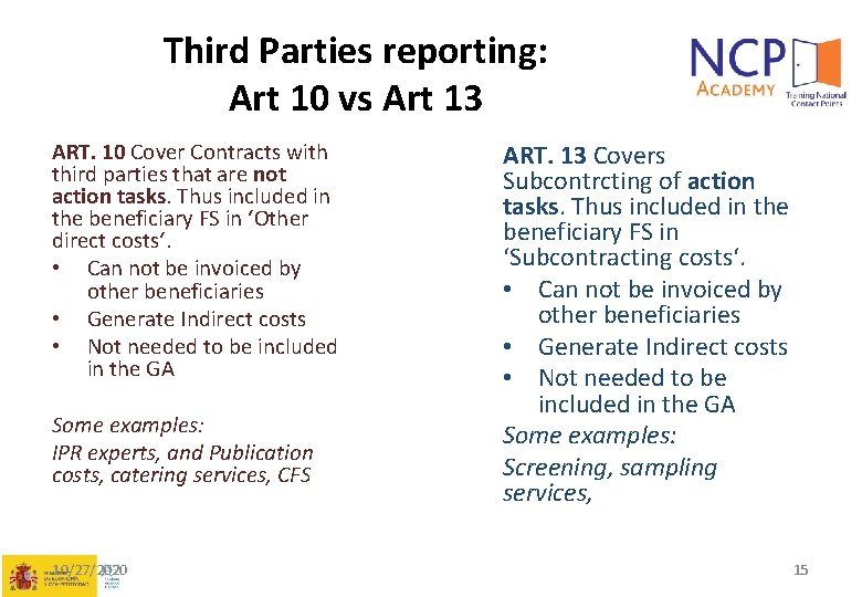 Third Parties reporting: Art 10 vs Art 13 ART. 10 Cover Contracts with third