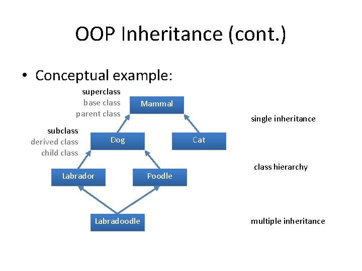 OOP Inheritance (cont. ) • Conceptual example: superclass base class parent class subclass derived