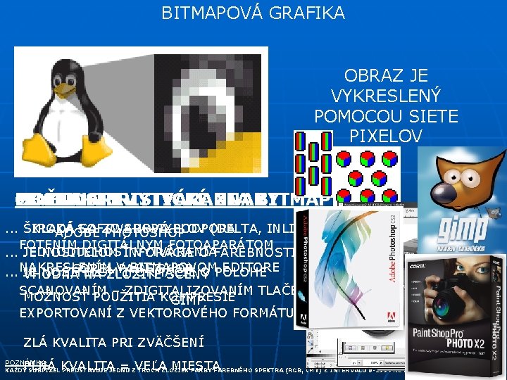 BITMAPOVÁ GRAFIKA OBRAZ JE VYKRESLENÝ POMOCOU SIETE PIXELOV MOŽNOSTI PIXEL CHARAKTERISTICKÉ SOFTWAREVYTVÁRANIA ZNAKY BITMÁP.