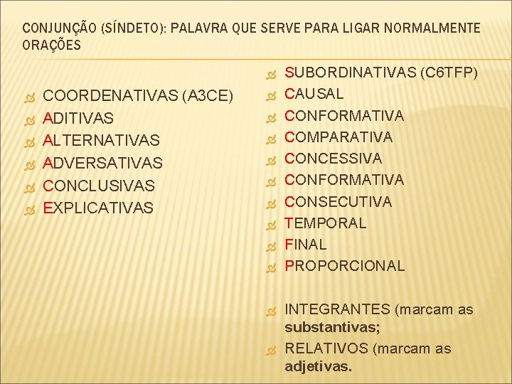 CONJUNÇÃO (SÍNDETO): PALAVRA QUE SERVE PARA LIGAR NORMALMENTE ORAÇÕES COORDENATIVAS (A 3 CE) ADITIVAS