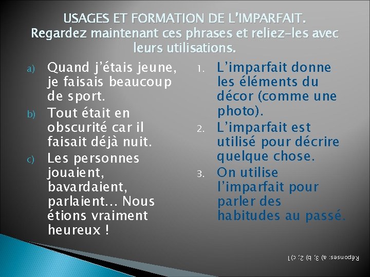 USAGES ET FORMATION DE L’IMPARFAIT. Regardez maintenant ces phrases et reliez-les avec leurs utilisations.