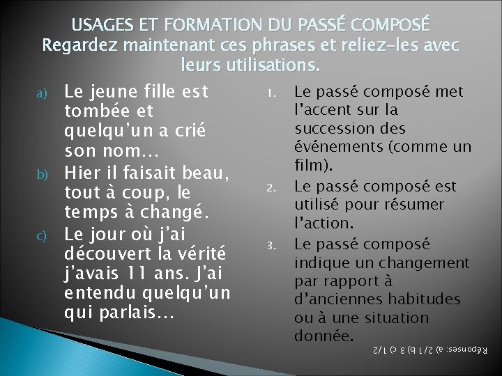 USAGES ET FORMATION DU PASSÉ COMPOSÉ Regardez maintenant ces phrases et reliez-les avec leurs