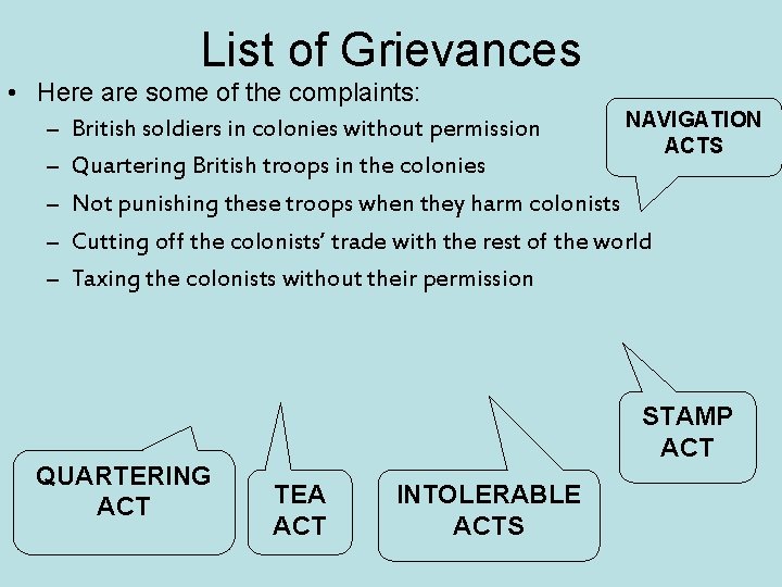 List of Grievances • Here are some of the complaints: NAVIGATION – British soldiers