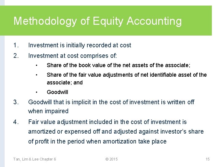 Methodology of Equity Accounting 1. Investment is initially recorded at cost 2. Investment at