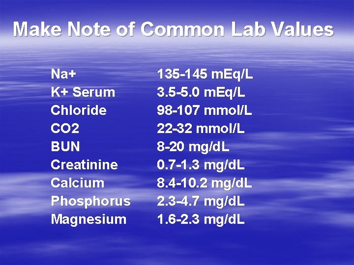 Make Note of Common Lab Values Na+ K+ Serum Chloride CO 2 BUN Creatinine