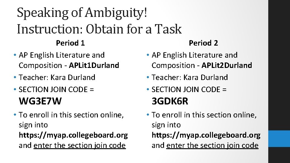 Speaking of Ambiguity! Instruction: Obtain for a Task Period 1 • AP English Literature