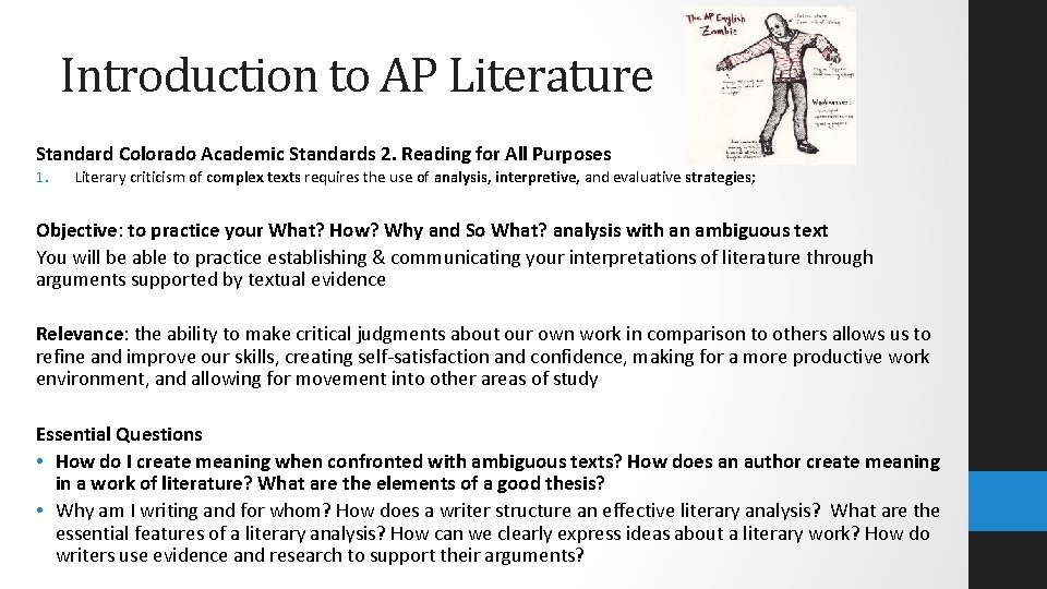 Introduction to AP Literature Standard Colorado Academic Standards 2. Reading for All Purposes 1.