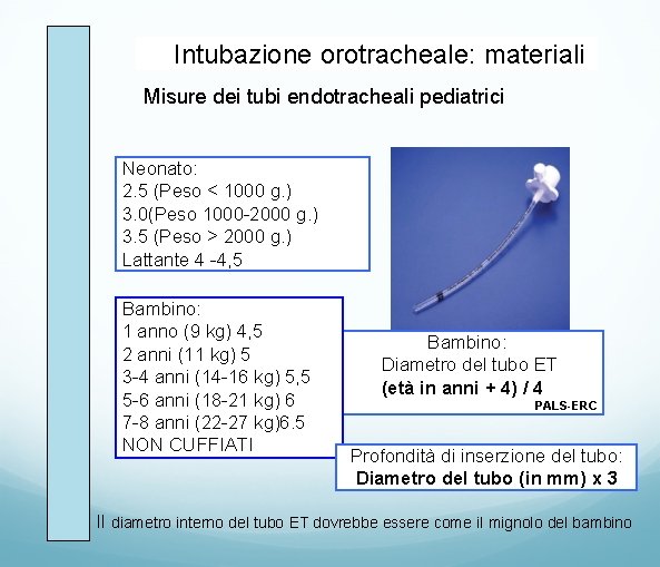 Intubazione orotracheale: materiali Misure dei tubi endotracheali pediatrici Neonato: 2. 5 (Peso < 1000