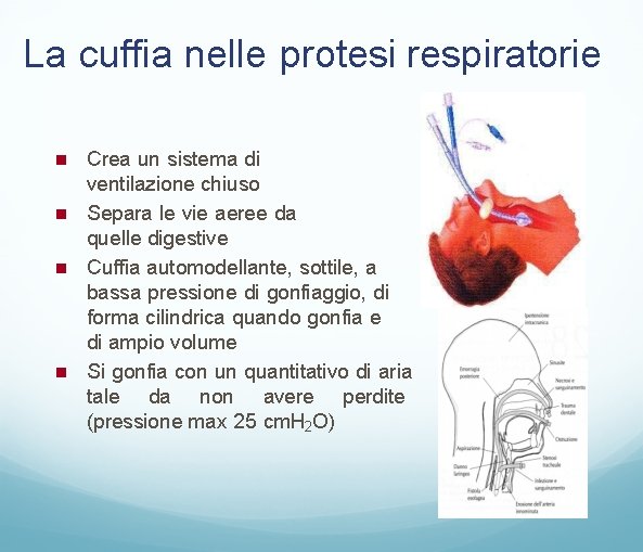 La cuffia nelle protesi respiratorie Crea un sistema di ventilazione chiuso Separa le vie