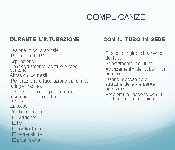 COMPLICANZE DURANTE L’INTUBAZIONE Lesione midollo spinale Ritardo nella RCP Aspirazione Danneggiamento denti e protesi